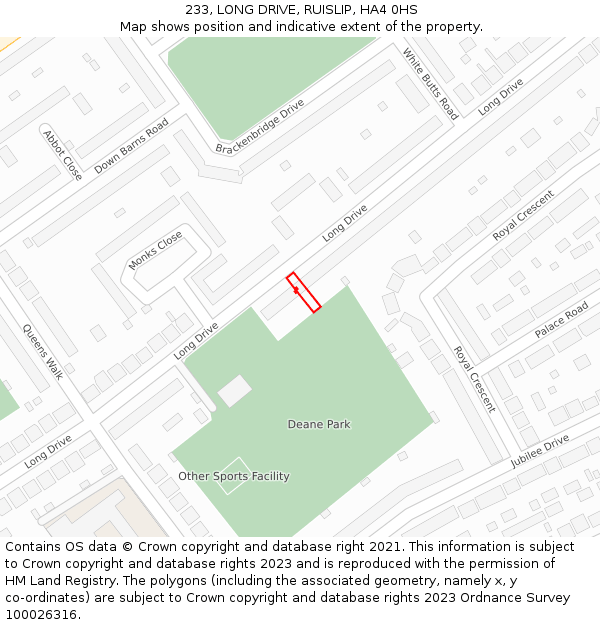 233, LONG DRIVE, RUISLIP, HA4 0HS: Location map and indicative extent of plot