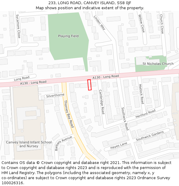 233, LONG ROAD, CANVEY ISLAND, SS8 0JF: Location map and indicative extent of plot