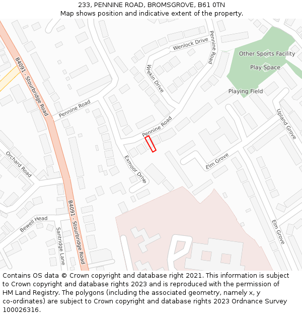 233, PENNINE ROAD, BROMSGROVE, B61 0TN: Location map and indicative extent of plot