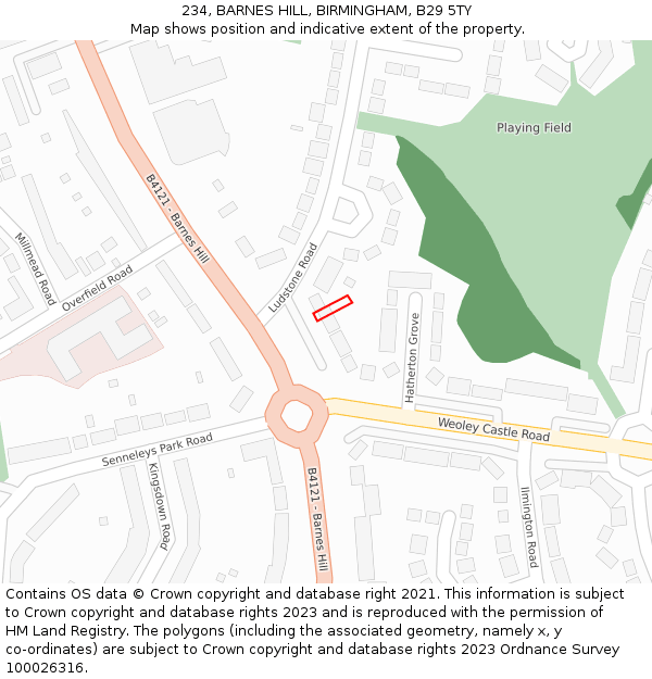 234, BARNES HILL, BIRMINGHAM, B29 5TY: Location map and indicative extent of plot