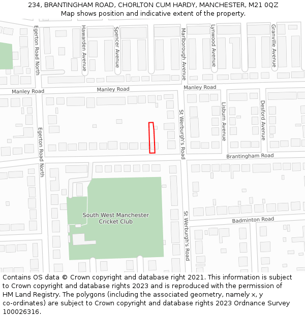 234, BRANTINGHAM ROAD, CHORLTON CUM HARDY, MANCHESTER, M21 0QZ: Location map and indicative extent of plot