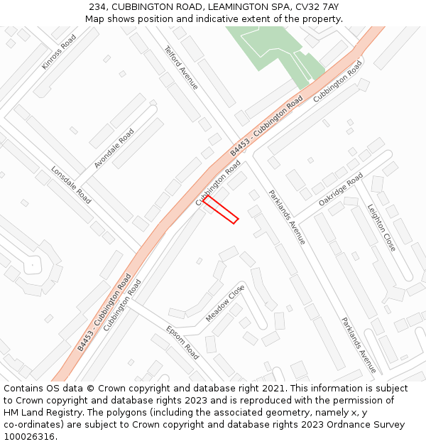 234, CUBBINGTON ROAD, LEAMINGTON SPA, CV32 7AY: Location map and indicative extent of plot