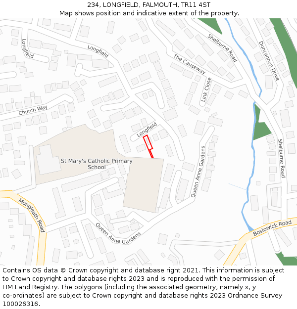 234, LONGFIELD, FALMOUTH, TR11 4ST: Location map and indicative extent of plot