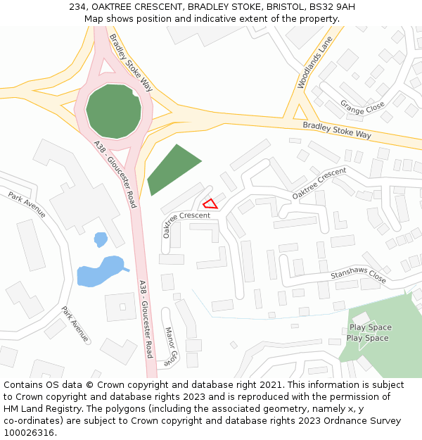 234, OAKTREE CRESCENT, BRADLEY STOKE, BRISTOL, BS32 9AH: Location map and indicative extent of plot