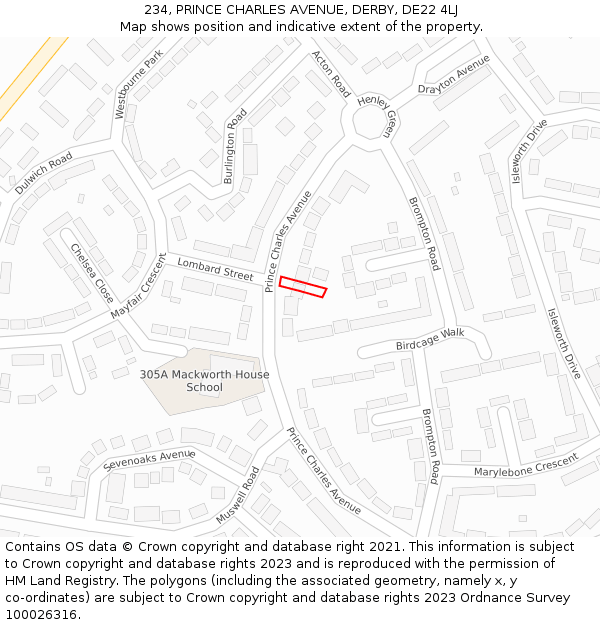 234, PRINCE CHARLES AVENUE, DERBY, DE22 4LJ: Location map and indicative extent of plot