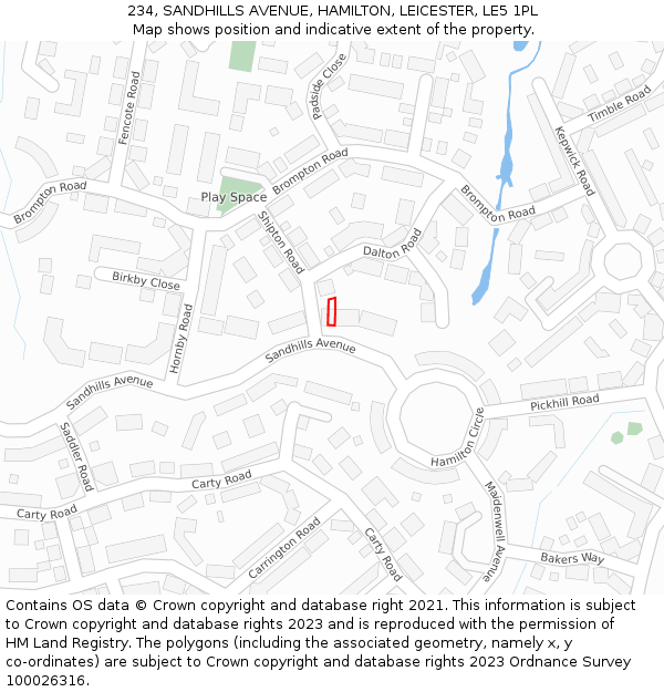 234, SANDHILLS AVENUE, HAMILTON, LEICESTER, LE5 1PL: Location map and indicative extent of plot
