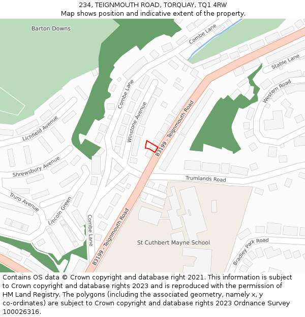 234, TEIGNMOUTH ROAD, TORQUAY, TQ1 4RW: Location map and indicative extent of plot