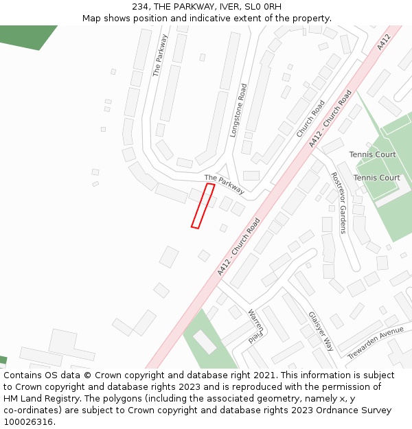 234, THE PARKWAY, IVER, SL0 0RH: Location map and indicative extent of plot