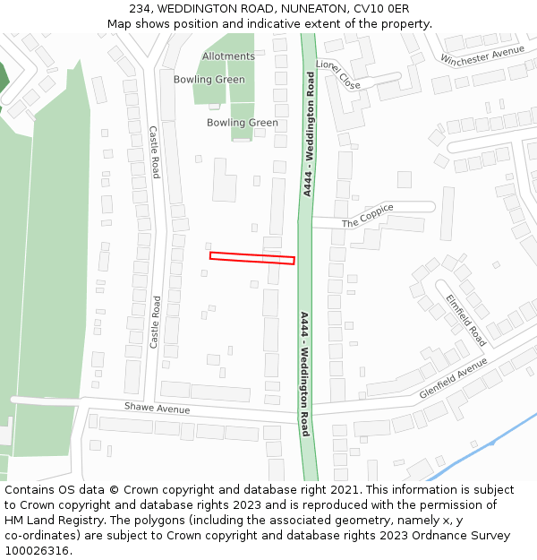 234, WEDDINGTON ROAD, NUNEATON, CV10 0ER: Location map and indicative extent of plot