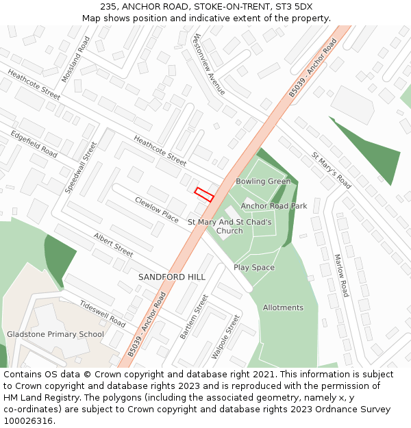 235, ANCHOR ROAD, STOKE-ON-TRENT, ST3 5DX: Location map and indicative extent of plot