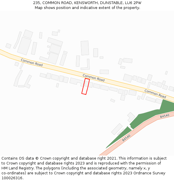 235, COMMON ROAD, KENSWORTH, DUNSTABLE, LU6 2PW: Location map and indicative extent of plot