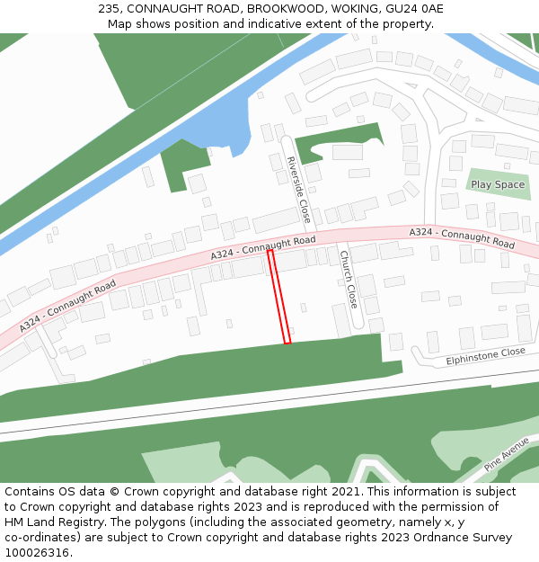 235, CONNAUGHT ROAD, BROOKWOOD, WOKING, GU24 0AE: Location map and indicative extent of plot