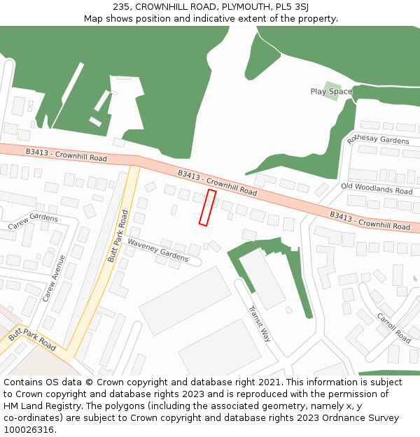 235, CROWNHILL ROAD, PLYMOUTH, PL5 3SJ: Location map and indicative extent of plot