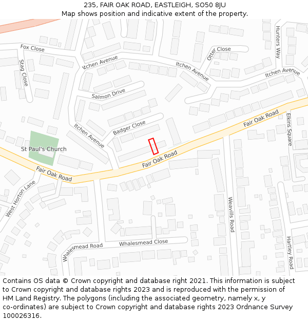 235, FAIR OAK ROAD, EASTLEIGH, SO50 8JU: Location map and indicative extent of plot