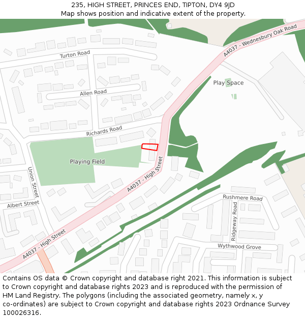 235, HIGH STREET, PRINCES END, TIPTON, DY4 9JD: Location map and indicative extent of plot