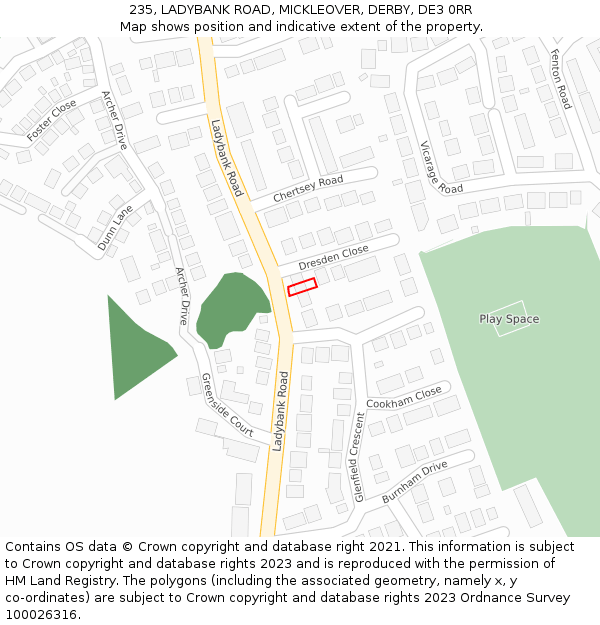 235, LADYBANK ROAD, MICKLEOVER, DERBY, DE3 0RR: Location map and indicative extent of plot