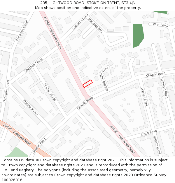 235, LIGHTWOOD ROAD, STOKE-ON-TRENT, ST3 4JN: Location map and indicative extent of plot