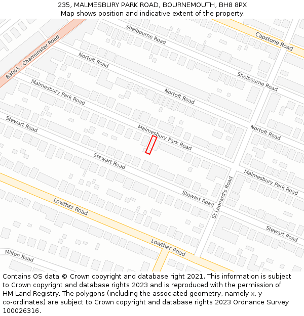 235, MALMESBURY PARK ROAD, BOURNEMOUTH, BH8 8PX: Location map and indicative extent of plot