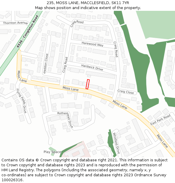 235, MOSS LANE, MACCLESFIELD, SK11 7YR: Location map and indicative extent of plot