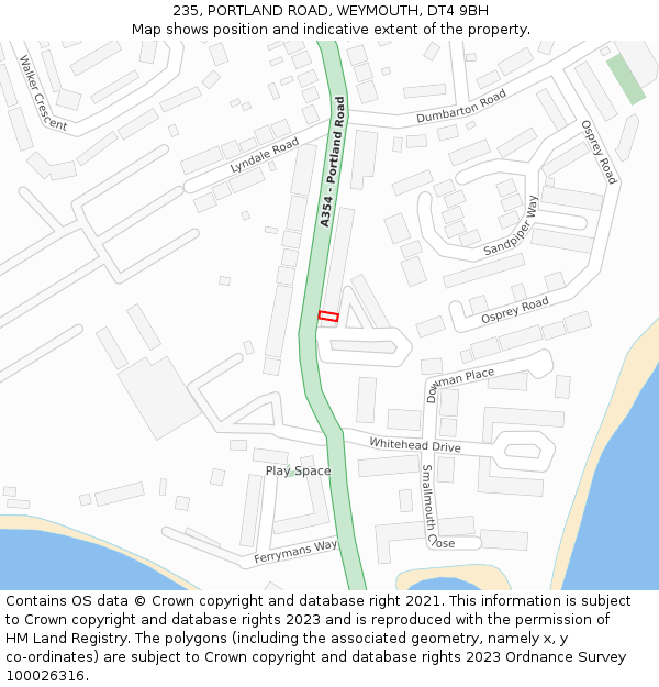 235, PORTLAND ROAD, WEYMOUTH, DT4 9BH: Location map and indicative extent of plot