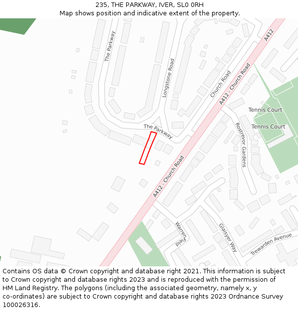 235, THE PARKWAY, IVER, SL0 0RH: Location map and indicative extent of plot