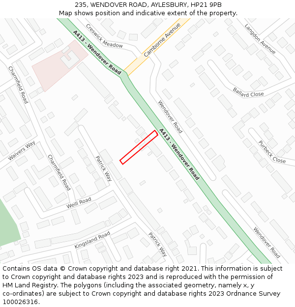 235, WENDOVER ROAD, AYLESBURY, HP21 9PB: Location map and indicative extent of plot