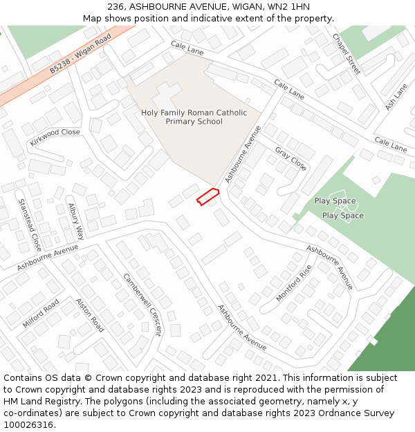 236, ASHBOURNE AVENUE, WIGAN, WN2 1HN: Location map and indicative extent of plot