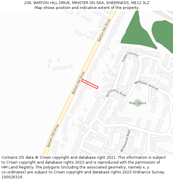 236, BARTON HILL DRIVE, MINSTER ON SEA, SHEERNESS, ME12 3LZ: Location map and indicative extent of plot