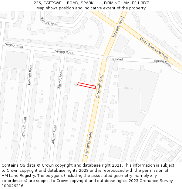 236, CATESWELL ROAD, SPARKHILL, BIRMINGHAM, B11 3DZ: Location map and indicative extent of plot