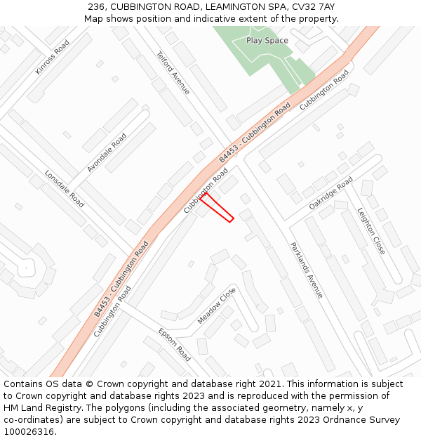 236, CUBBINGTON ROAD, LEAMINGTON SPA, CV32 7AY: Location map and indicative extent of plot