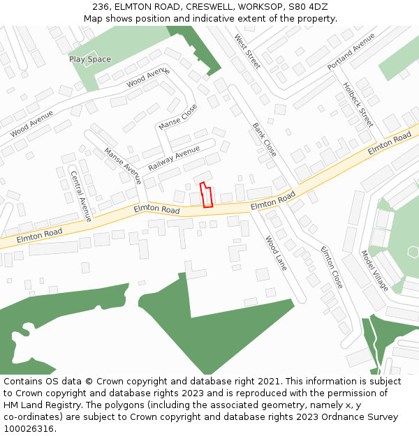 236, ELMTON ROAD, CRESWELL, WORKSOP, S80 4DZ: Location map and indicative extent of plot