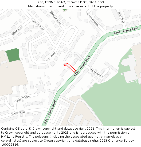 236, FROME ROAD, TROWBRIDGE, BA14 0DS: Location map and indicative extent of plot