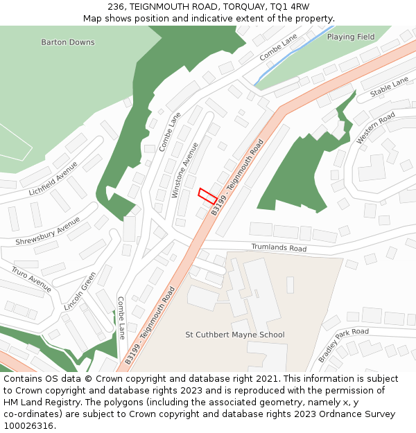 236, TEIGNMOUTH ROAD, TORQUAY, TQ1 4RW: Location map and indicative extent of plot