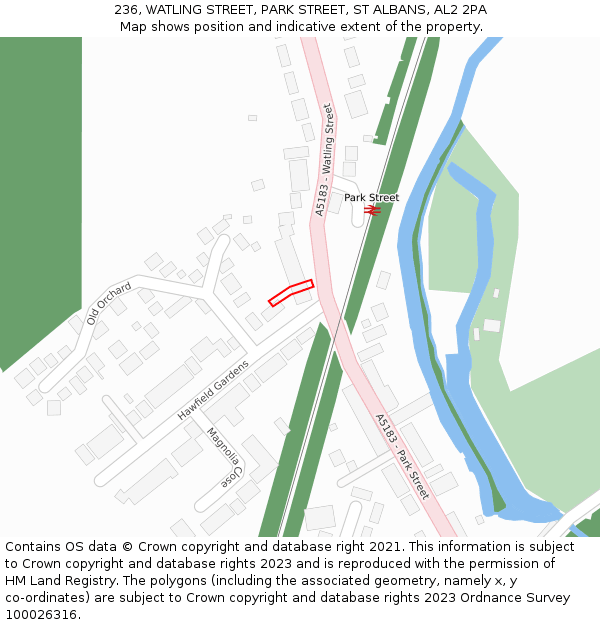 236, WATLING STREET, PARK STREET, ST ALBANS, AL2 2PA: Location map and indicative extent of plot