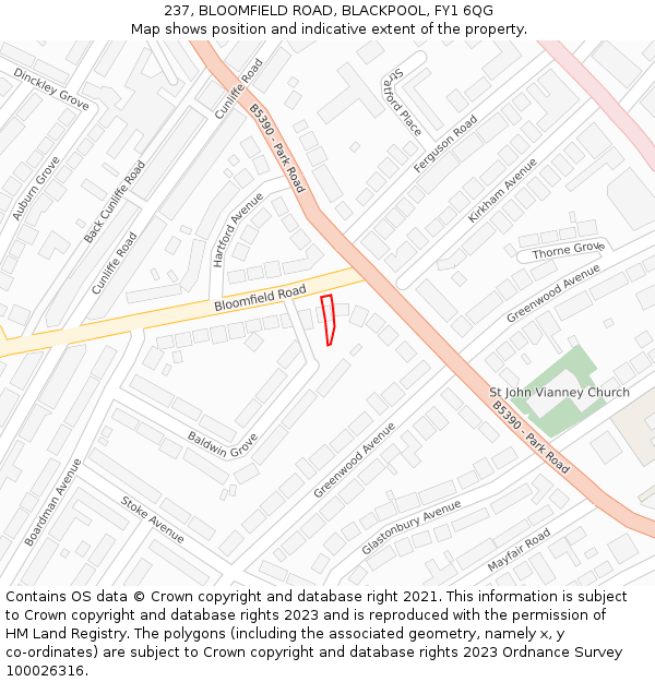 237, BLOOMFIELD ROAD, BLACKPOOL, FY1 6QG: Location map and indicative extent of plot