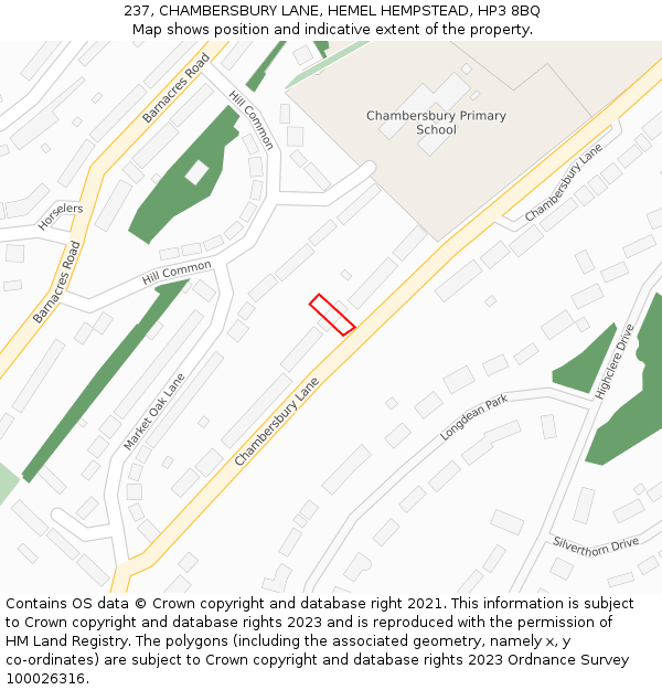 237, CHAMBERSBURY LANE, HEMEL HEMPSTEAD, HP3 8BQ: Location map and indicative extent of plot