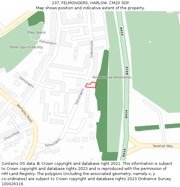 237, FELMONGERS, HARLOW, CM20 3DP: Location map and indicative extent of plot