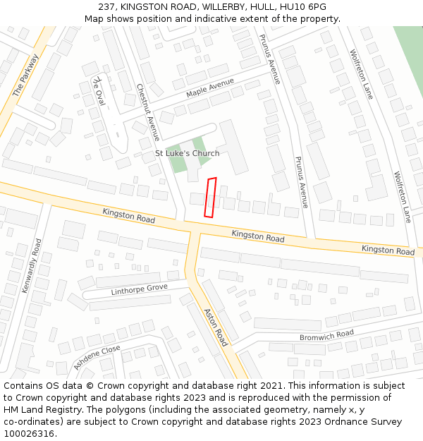237, KINGSTON ROAD, WILLERBY, HULL, HU10 6PG: Location map and indicative extent of plot