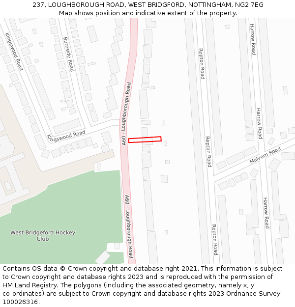 237, LOUGHBOROUGH ROAD, WEST BRIDGFORD, NOTTINGHAM, NG2 7EG: Location map and indicative extent of plot