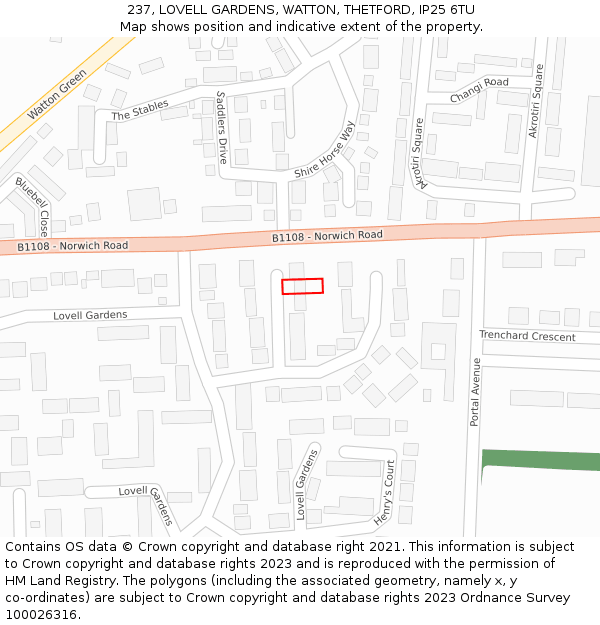 237, LOVELL GARDENS, WATTON, THETFORD, IP25 6TU: Location map and indicative extent of plot