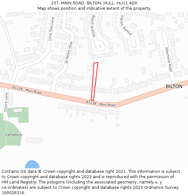 237, MAIN ROAD, BILTON, HULL, HU11 4DX: Location map and indicative extent of plot