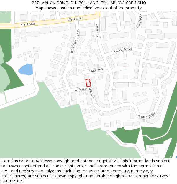 237, MALKIN DRIVE, CHURCH LANGLEY, HARLOW, CM17 9HQ: Location map and indicative extent of plot