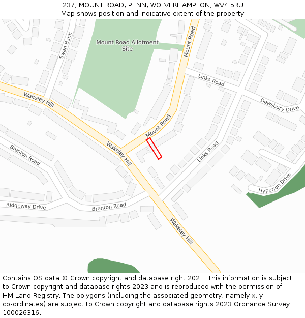 237, MOUNT ROAD, PENN, WOLVERHAMPTON, WV4 5RU: Location map and indicative extent of plot