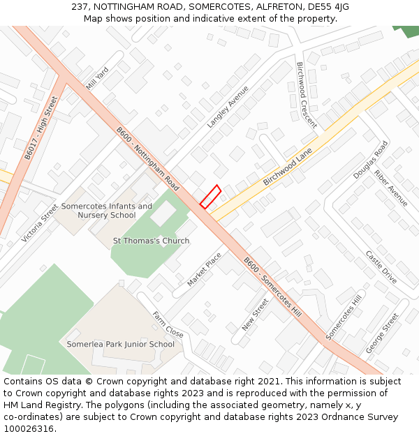 237, NOTTINGHAM ROAD, SOMERCOTES, ALFRETON, DE55 4JG: Location map and indicative extent of plot