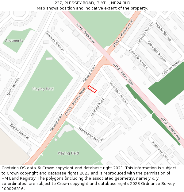 237, PLESSEY ROAD, BLYTH, NE24 3LD: Location map and indicative extent of plot