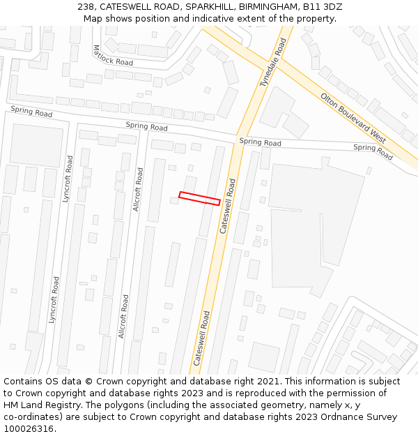 238, CATESWELL ROAD, SPARKHILL, BIRMINGHAM, B11 3DZ: Location map and indicative extent of plot