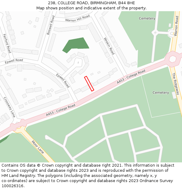 238, COLLEGE ROAD, BIRMINGHAM, B44 8HE: Location map and indicative extent of plot