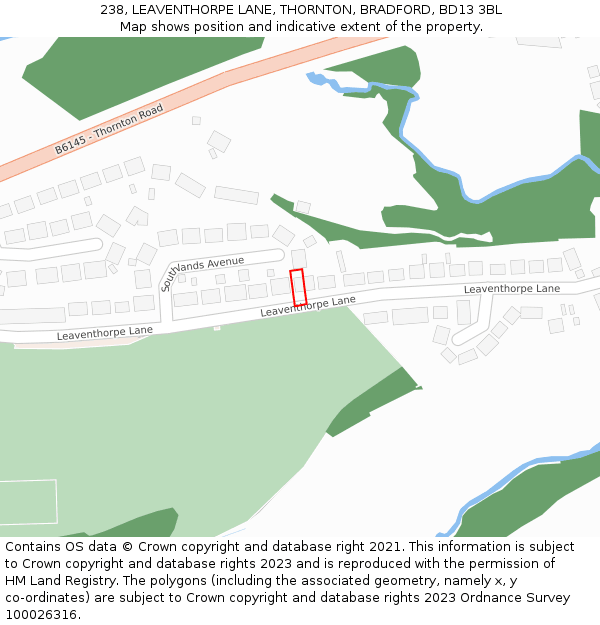 238, LEAVENTHORPE LANE, THORNTON, BRADFORD, BD13 3BL: Location map and indicative extent of plot