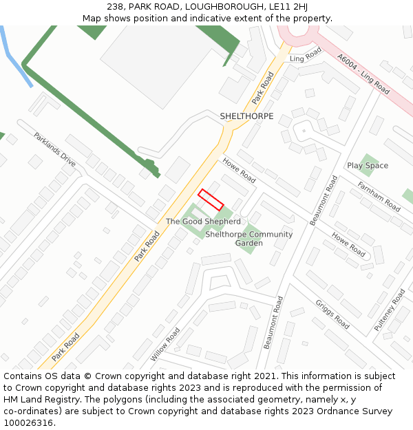 238, PARK ROAD, LOUGHBOROUGH, LE11 2HJ: Location map and indicative extent of plot