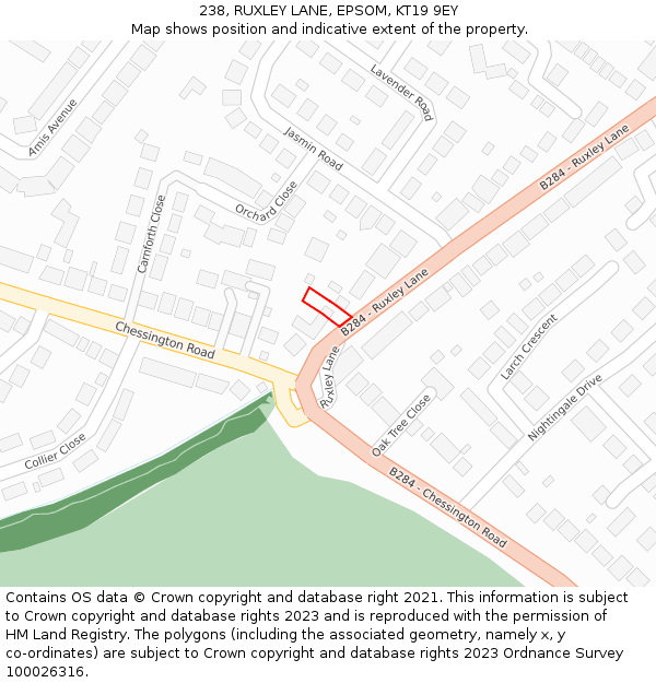 238, RUXLEY LANE, EPSOM, KT19 9EY: Location map and indicative extent of plot